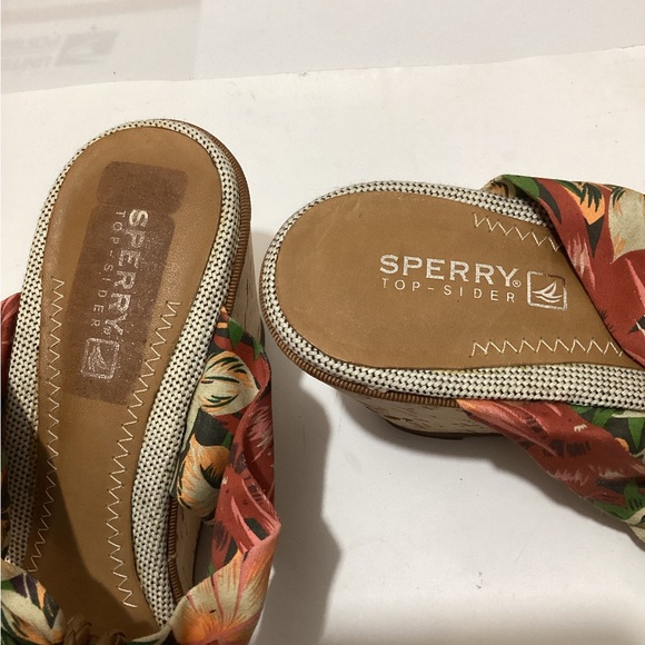 Sperry Top Sider Sandal Size 8.5M Tropical Print  Cork Wedge Slip On - Picture 3 of 9